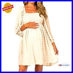 Long Sleeve Maternity Dress Square Neck Swiss Dot Casual Loose Mini